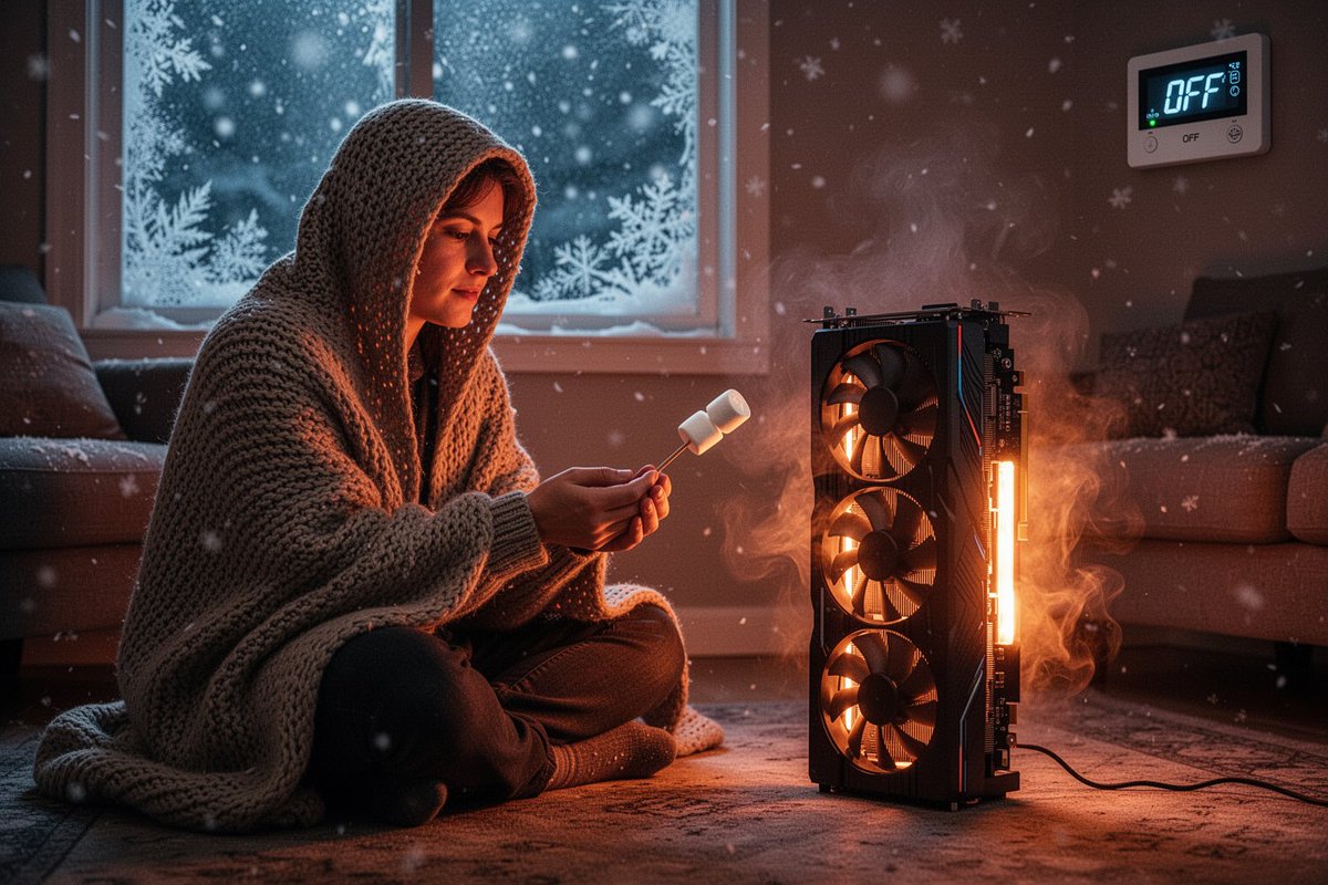 深冬夜晚昏暗温馨的客厅,结霜的窗外飘着雪花。一个裹着厚厚针织毯子的人盘腿坐在地板上,像围在篝火旁一样烤手——只不过这堆"火"是一块竖立的大型三风扇消费级 GPU(无 logo)…