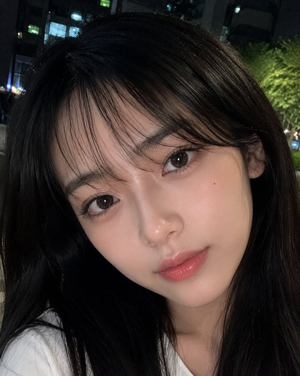 超逼真的智能手机照片：一位美丽的年轻日本女性，皮肤光滑白皙，面部自然柔和，五官精致，大而富有表现力的棕色眼睛，粉嫩有光泽的嘴唇，黑色长直发丝般顺滑，带有轻盈的…