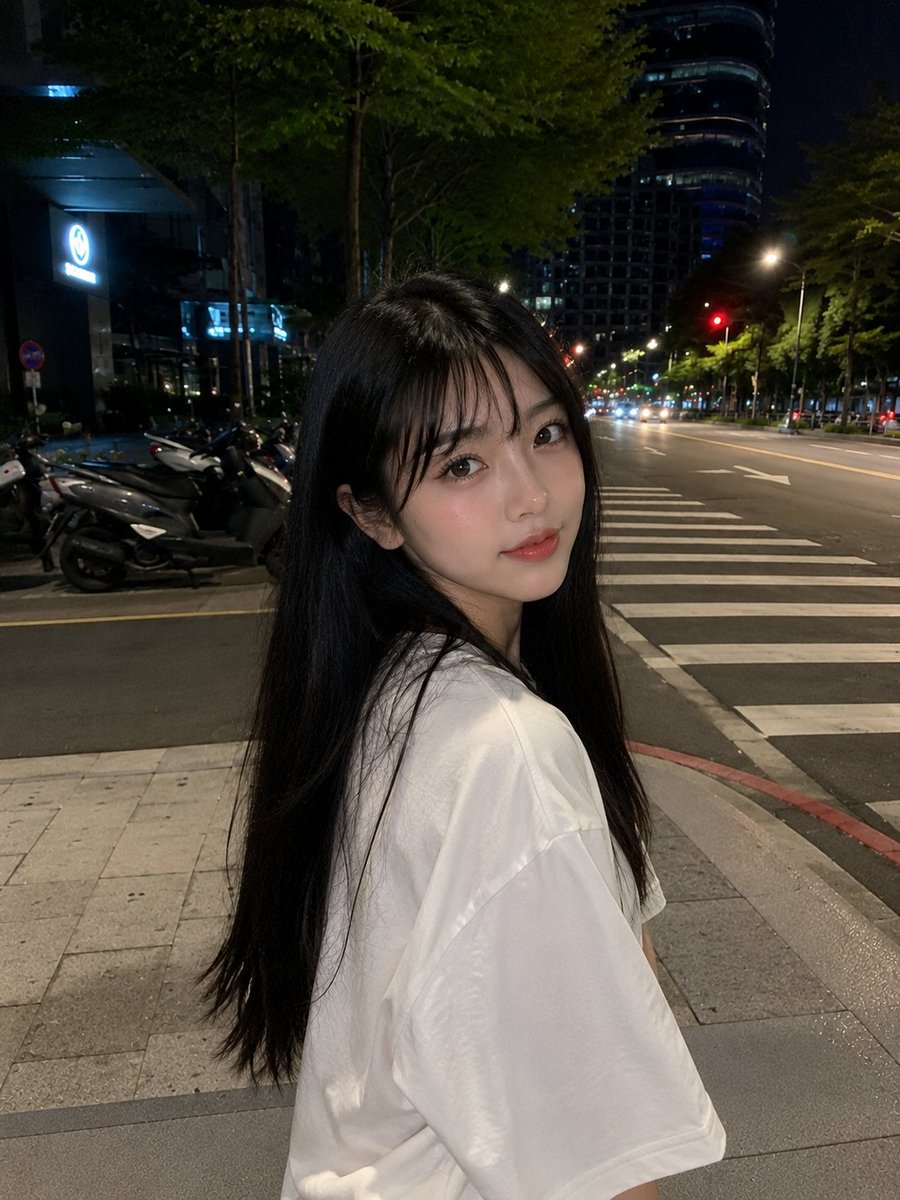 超逼真的智能手机照片:一位美丽的年轻日本女性,皮肤光滑白皙,面部自然柔和,五官精致,大而富有表现力的棕色眼睛,粉嫩有光泽的嘴唇,黑色长直发丝般顺滑,带有轻盈的侧分刘海,身穿宽松的…