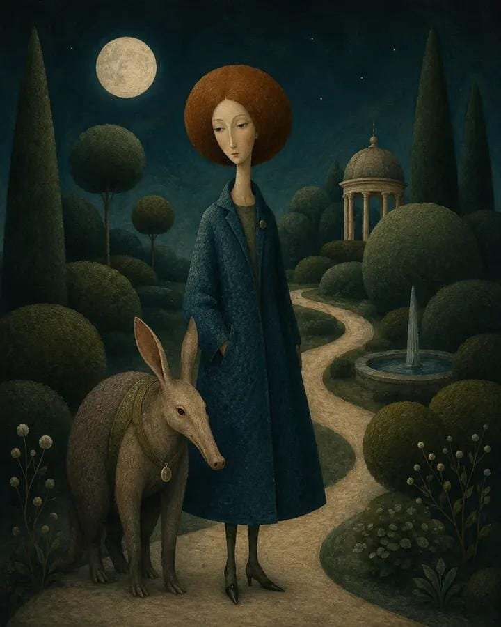 超现实诗意插画：[HUMAN] 身着 [CLOTHING]，与 [ANIMAL] 结伴，置身于 [SCENERY]。使用 [COLOR PALETTE]，拉长的程式化比例，长而窄…