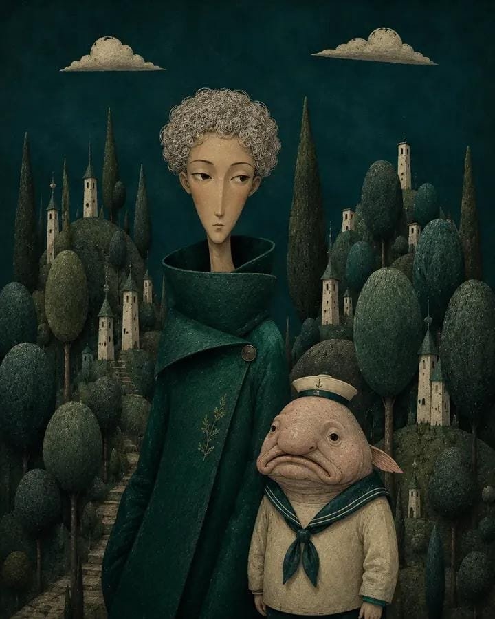 超现实诗意插画：[HUMAN] 身着 [CLOTHING]，与 [ANIMAL] 结伴，置身于 [SCENERY]。使用 [COLOR PALETTE]，拉长的程式化比例，长而窄…