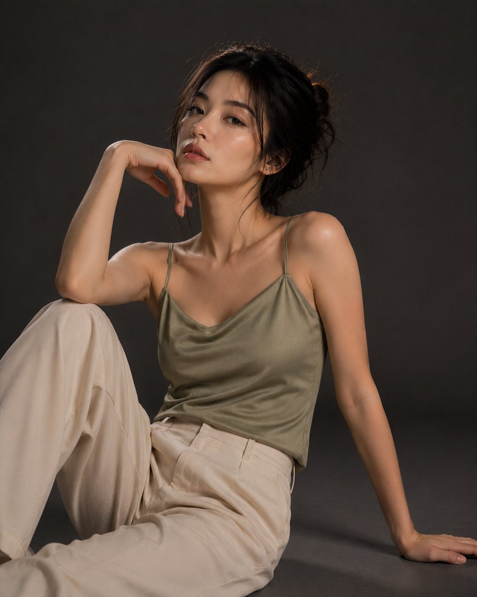 极简摄影工作室中的超写实编辑级时尚人像,采用无缝炭灰色背景幕布。使用一盏大型柔光箱打造的柔和电影级低调光效,高端杂志级美学风格,画面构图干净无道具,Sony A7R V 相机,8…