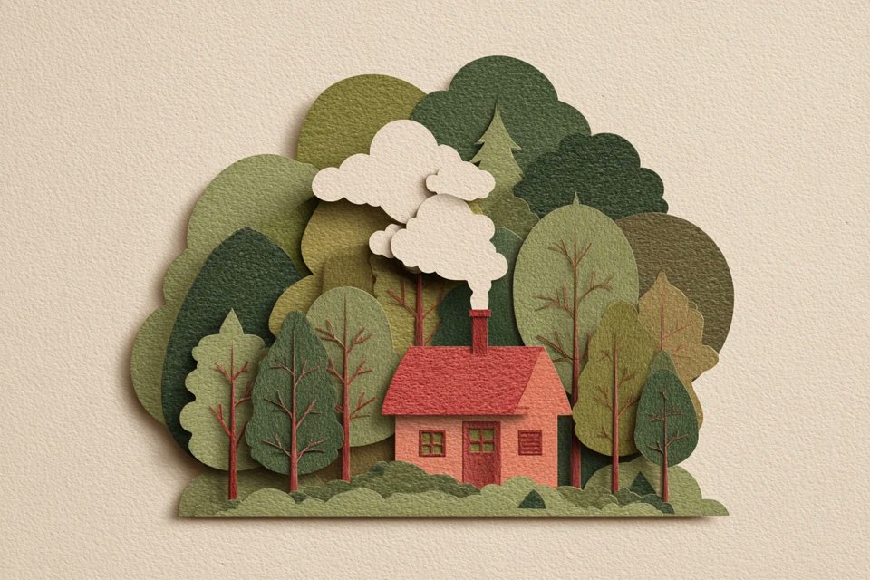 分层剪纸插画风格的[subject]，由柔和的[color1]和[color2]重叠形状构成，带有手工制作的纹理，层与层之间有细腻的阴影，干净的矢量边缘，居中放置在哑光奶油色背景…