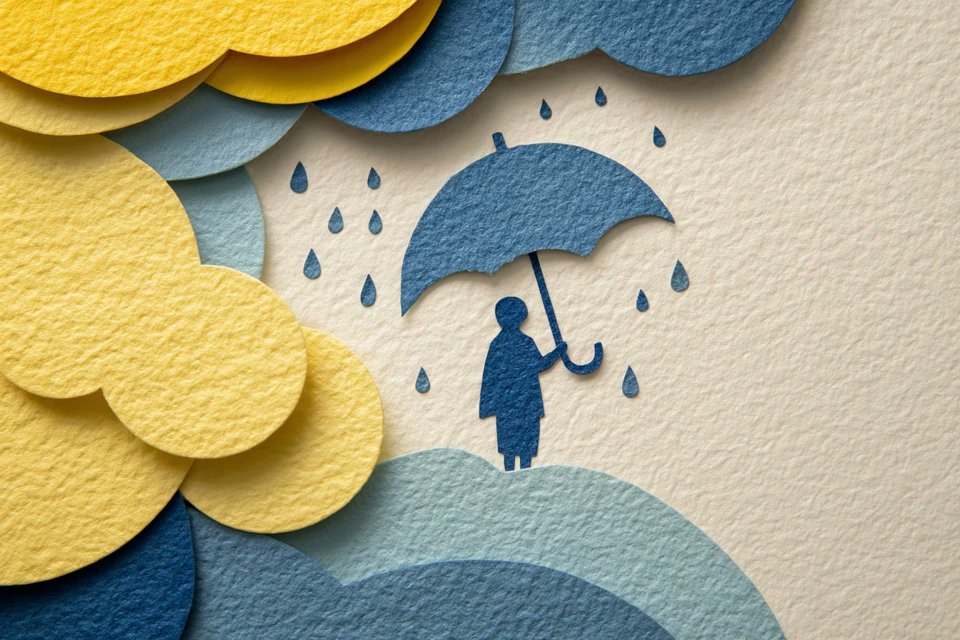 分层剪纸插画风格的[subject]，由柔和的[color1]和[color2]重叠形状构成，带有手工制作的纹理，层与层之间有细腻的阴影，干净的矢量边缘，居中放置在哑光奶油色背景…