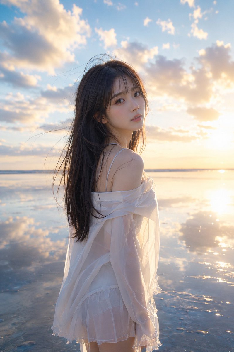 主题： 水镜回眸 主体： 一张竖版2:3比例的照片，描绘一位成年女性站在黄昏时分水浅的海边。人物置于画面中央偏左，以中长景拍摄，从大腿上部到头顶。人物将背影朝向镜头，仅上半身回望…