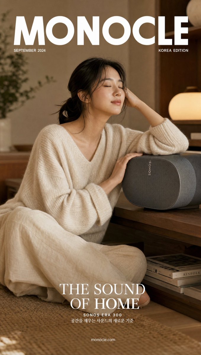 超写实编辑级生活方式杂志封面：一位陷入沉思的韩国女性，身着宽松的象牙白羊绒针织衫与阔腿亚麻长裤，双眼轻闭，沉浸在聆听的愉悦之中，一只手轻轻搭在身旁极简胡桃木架上的 Sonos E…
