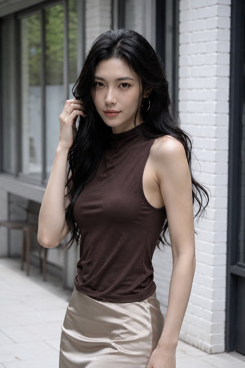 超写时尚写真人像。成年东亚女性,21岁以上,站立于现代精致户外走廊,靠近白漆砖墙与高挑黑框窗户。略偏右,腰部至大腿中部取景。画面左侧保留宽裕的建筑空间,窗户与走道向远处延伸。砖柱…