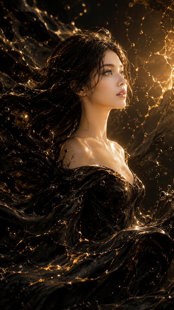 超现实 IMAX 级 Netflix 风格的电影暗黑奇幻肖像,9:16 竖构图,以上传的图片作为主要的风格和构图参考,创作一位美丽的年轻成年女性,从一片无垠的流动黑色液体海洋中浮…