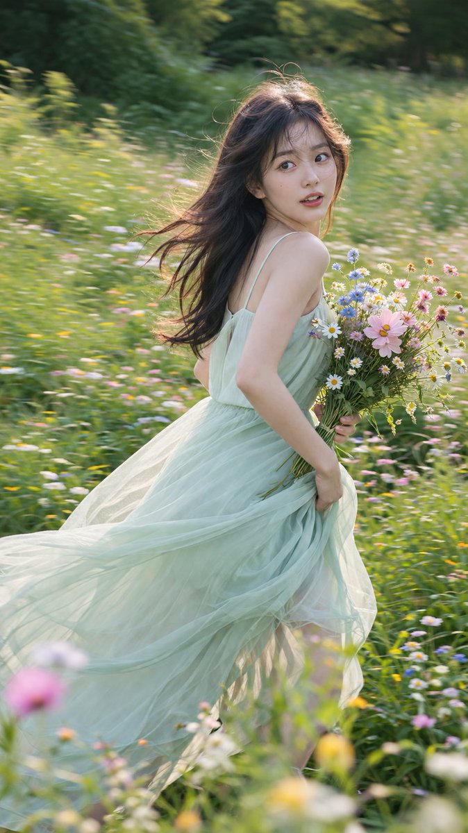 主题：[年轻女性 / 人物] 连衣裙：[浅色夏季连衣裙的颜色与款式] 场景：[野花草地 / 翠绿山坡 / 夏日花园] 动作：[奔跑 / 回眸 / 旋转 / 穿行于花丛中] 花束…