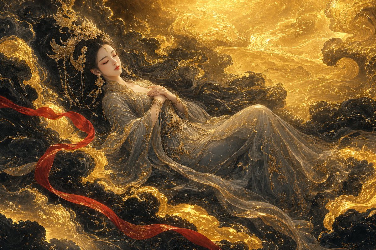 【GPT Image 2.0 提示词】 东方仙侠奇幻插画，一位空灵的中国女神沉睡于翻涌的水墨与金云之海之上，双眸轻合，神态安详宁静；乌黑长发如墨在水中流动般飘散，消融于身后的旋绕…