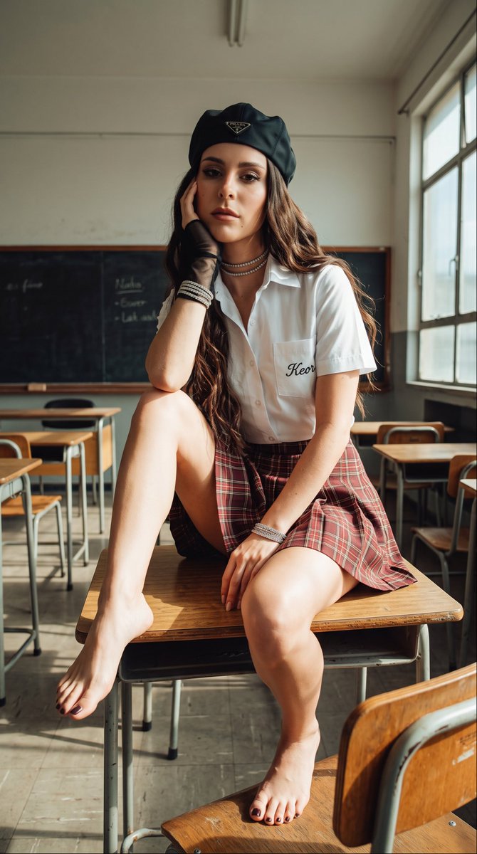 { "subject": { "description": "一位美丽的年轻女性，肤色白皙，拥有一头长而波浪状的深棕色头发、引人注目的眼睛和饱满的双唇。她的身材纤细但紧致有型。"…