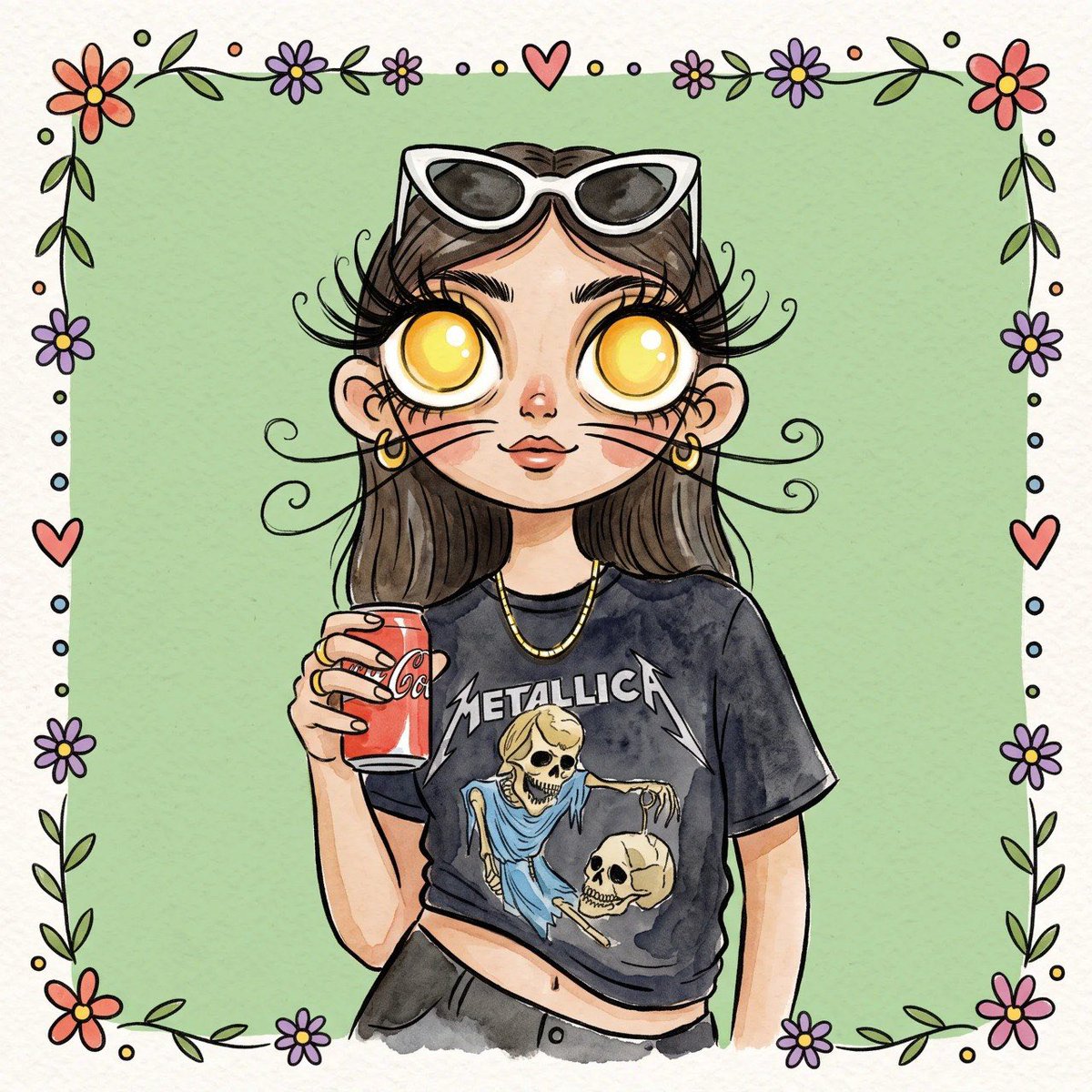 一幅异想天开、魅力十足的混合媒介水彩插画，描绘一个民间艺术风格的角色，脸部采用 [insert my face]，穿着 [insert my clothes]。角色拥有巨大的发光…