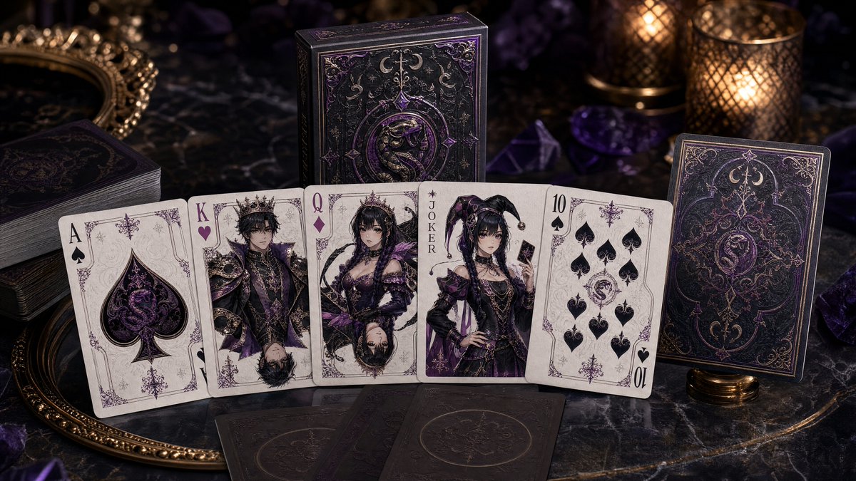 每日提示：皇家扑克牌组 🃏♠️♦️💜💚 提示由 @Feladrael 构建 今天的每日提示会把你上传的角色参考表，转化为一套完整的奢华收藏级扑克牌，融合该角色的色彩、符号、服装纹…