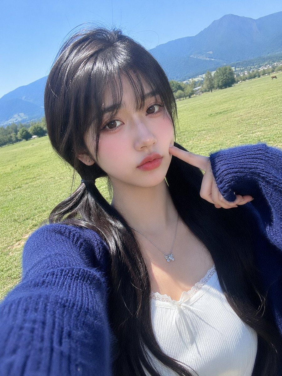 一张超写实智能手机自拍照：一位美丽的年轻日本女性，拥有光滑如瓷的肌肤、柔和自然的面部特征、温暖大气的棕色眼睛、亮泽的粉色双唇，以及柔顺的黑色长发，梳成低位双马尾，留着轻盈的碎刘海…