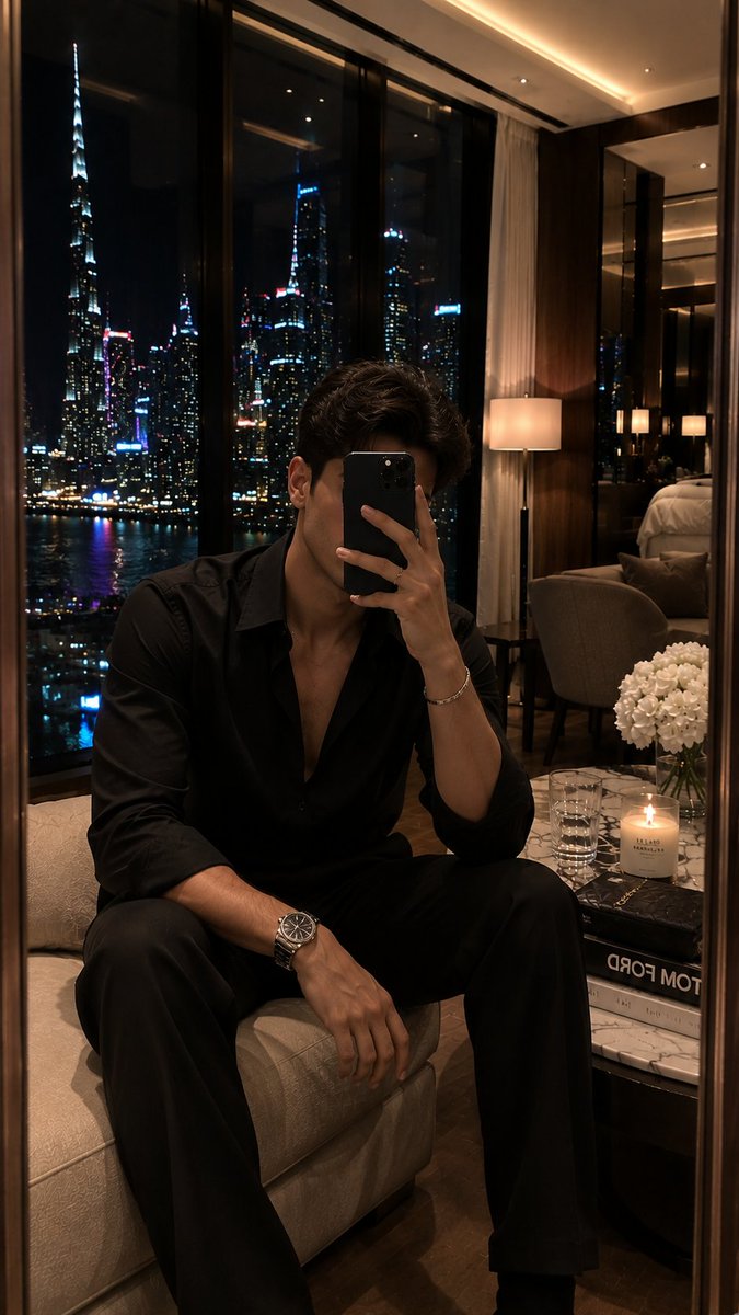 超写实风格的豪华酒店套房镜面自拍,拍摄于日落之后,地点是一间优雅的顶层套房,设有全景玻璃墙,俯瞰令人目眩的大都市天际线。宽阔的窗户营造出被点亮的摩天大楼、缤纷的城市灯光与柔和夜景…