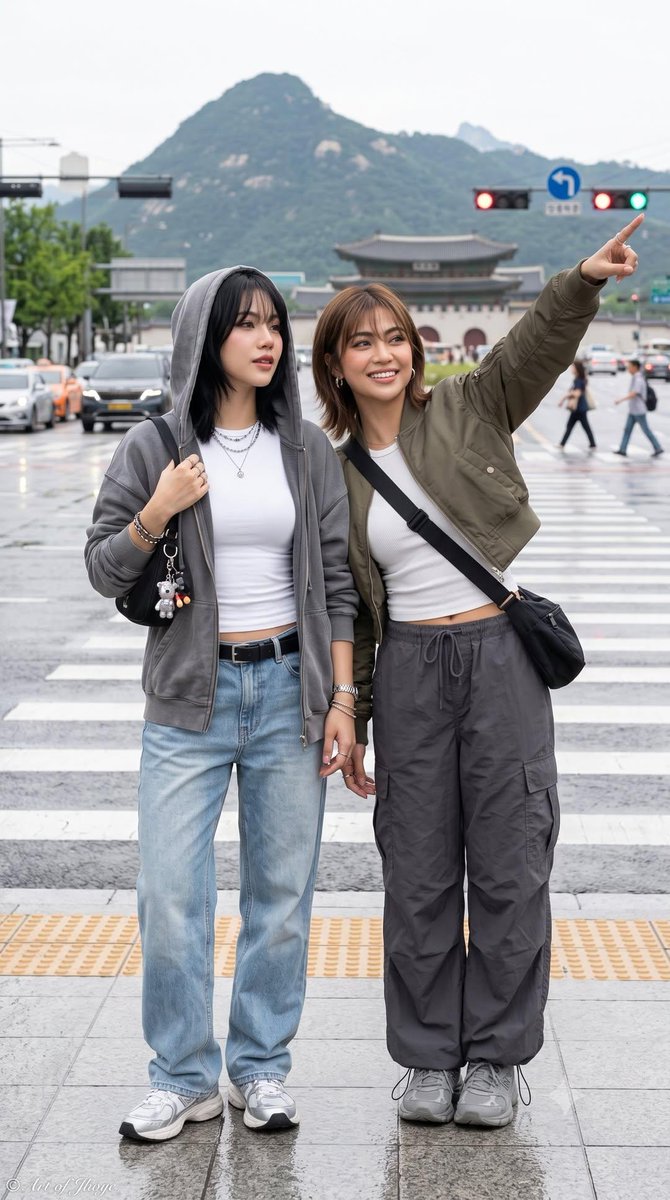 超写实生活方式摄影，呈现两位时尚年轻女性（保持一致的固定角色）在现代都市与文化场景中多个抓拍的旅行与友谊瞬间。其中一位留着带柔和刘海的浅棕色短波波头，另一位则…