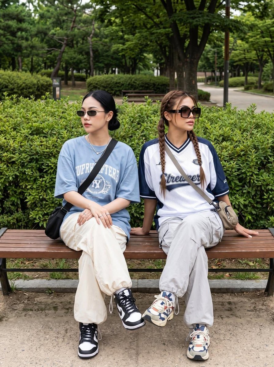 超写实生活方式摄影,呈现两位时尚年轻女性(保持一致的固定角色)在现代都市与文化场景中多个抓拍的旅行与友谊瞬间。其中一位留着带柔和刘海的浅棕色短波波头,另一位则是一头长直黑发(或扎…