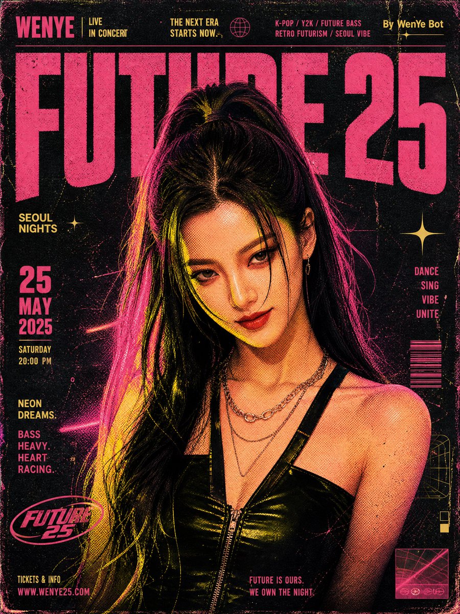 复古音乐海报设计，K-pop 团体演出海报，丝网印刷质感，半色调图案，斑驳色彩，点、线、面的层级分布。复古未来主义音乐活动海报插画：一位 Y2K 韩系美人（仅参考 image1…