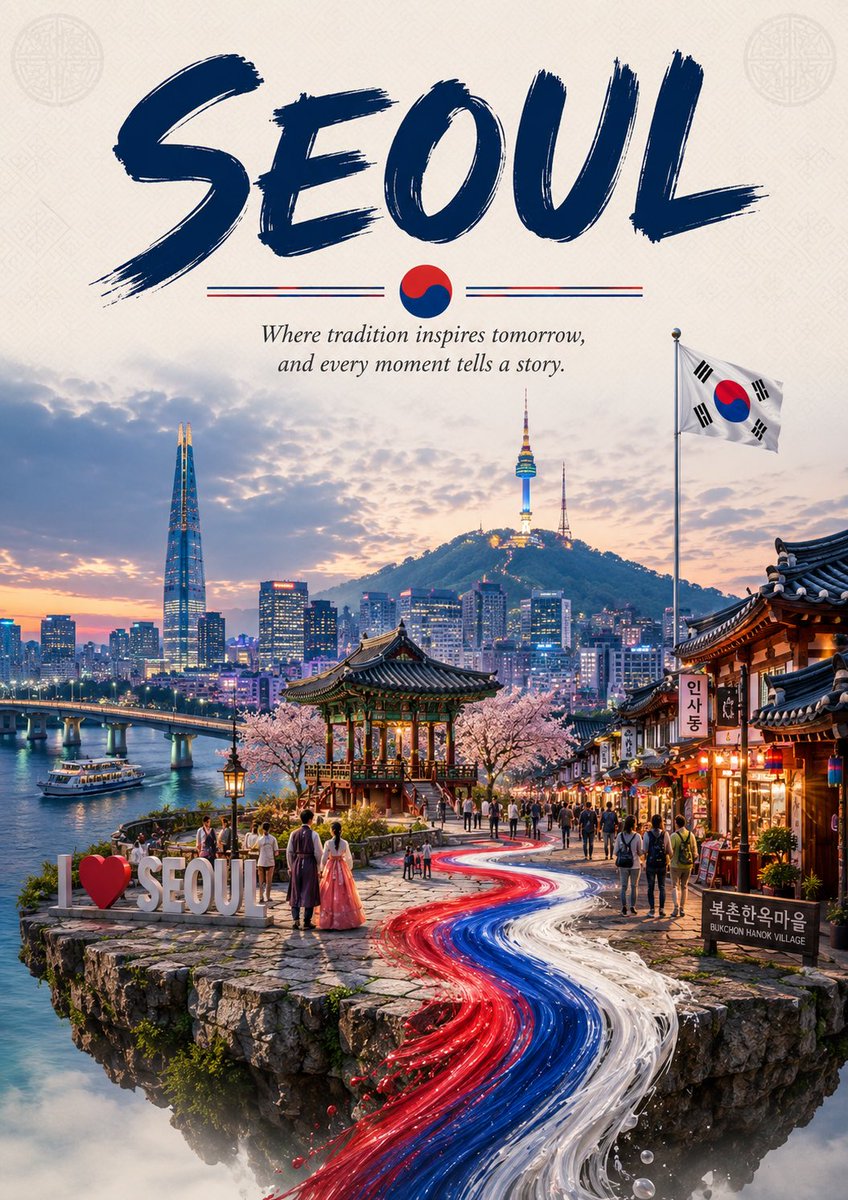 一张纵向旅行海报（4:5 比例），主题为 [COUNTRY NAME]，分为上下两个视觉部分。 上半部分（柔和的米白/奶油色背景，带有淡淡的重复水印图案）： - 以粗体手绘/马克…