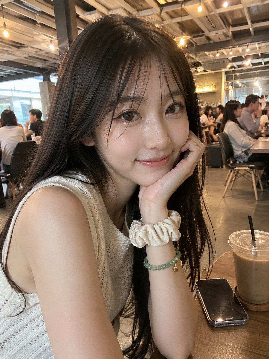 超写实的智能手机照片:一位美丽的年轻日本女性,拥有光滑的瓷白肌肤、柔和自然的五官、温暖的大棕色眼睛、有光泽的粉色嘴唇,以及自然散落的长丝柔深棕色头发。她坐在一间温馨现代的咖啡馆里…