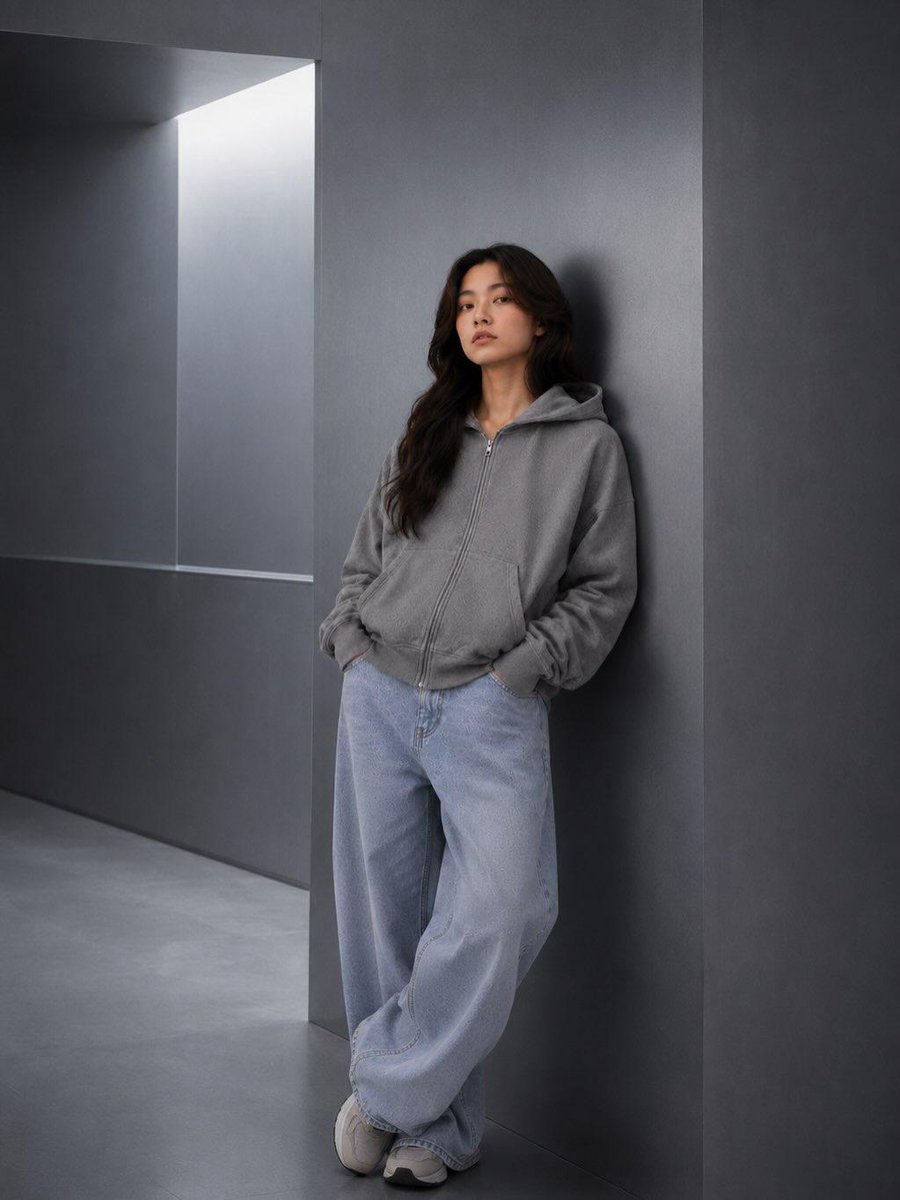 极简时尚编辑人像:一位年轻女性随意倚靠在一面光滑的炭灰色建筑墙面上,身穿水洗灰色宽松拉链连帽衫、浅色水洗宽松牛仔裤和白色运动鞋,双手插兜,姿态放松,神情平静自信,深色自然长卷发…