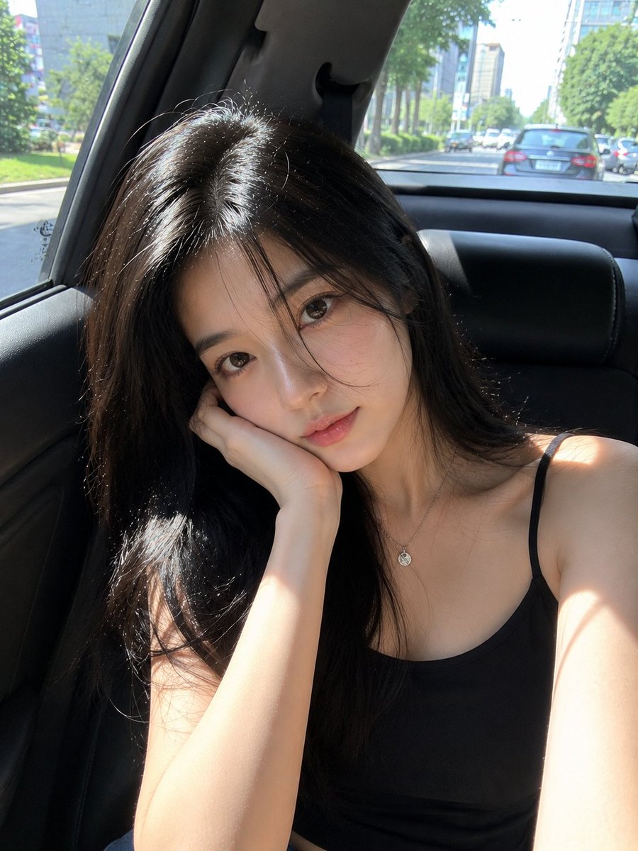一张超写实的智能手机自拍照，主体是一位美丽的年轻日本女性，拥有光滑的瓷白肌肤、柔和自然的五官、大而温暖的棕色眼睛、自然泛红的脸颊、有光泽的粉色双唇，以及在阳光下轻轻拂过面颊的丝滑…