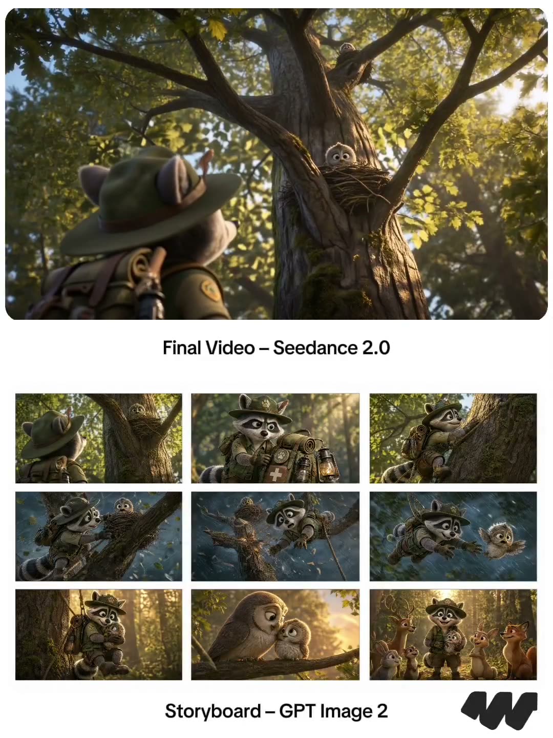 为一部时长 15 秒、名为《Forest Ranger Raccoon》的短片，创作一份专业皮克斯风格的动画电影故事板单页。 布局 3×3 故事板网格（共 9…
