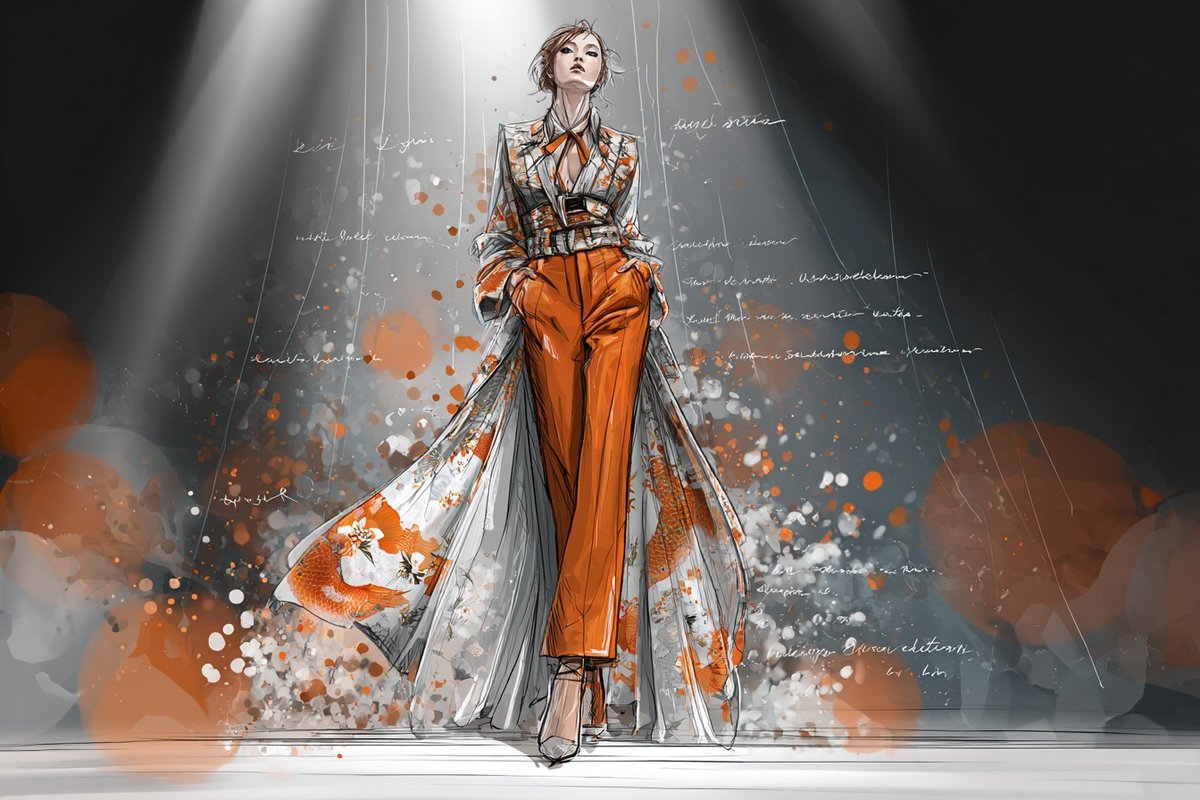 一幅时尚T台插画，包含受[subject]启发的服装，搭配[color1]和[color2]的高级时装面料小样，戏剧性灯光，夸张姿态，两侧带有风格化铅笔素描注释。 试试看并分享你…