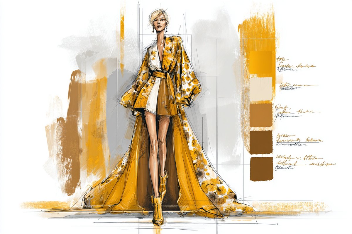 一幅时尚T台插画，包含受[subject]启发的服装，搭配[color1]和[color2]的高级时装面料小样，戏剧性灯光，夸张姿态，两侧带有风格化铅笔素描注释。 试试看并分享你…