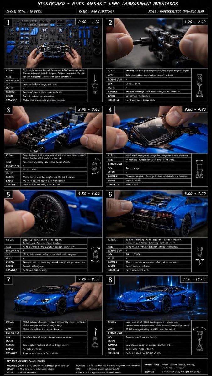 为一个10秒的ASMR视频创建一个专业的电影制作分镜脚本，展示组装LEGO Technic兰博基尼Aventador的过程。 布局应看起来像真实的电影分镜，包…