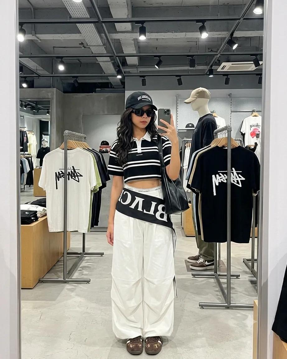 一张抓拍风格的全身穿镜自拍照,画面中是一位时尚年轻女性,她留着波浪状的深色头发,戴着潮流墨镜。她在城市服装店内摆姿势,身穿第二张图片中的服装。她正用手机拍摄这张照片。背景中可以看…