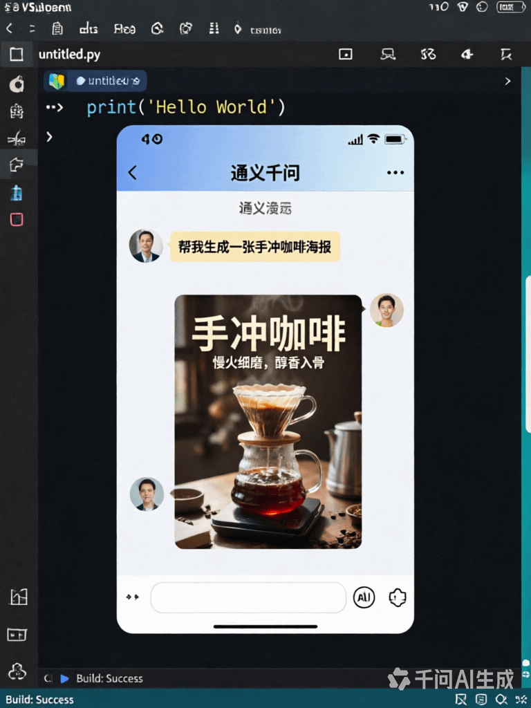 生成一张具有视觉纵深感的‘画中画’图像。最外层是一个真实的 VSCode 编程界面，中间嵌套一个千问App的聊天界面，聊天界面里我正在发送一条消息，内容是‘帮我生成一张手冲咖啡海…