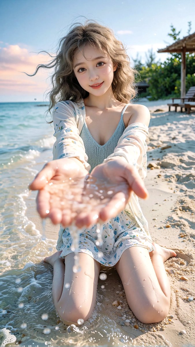 主体描述： 20岁甜系东亚少女，蓬松浅亚麻金色波浪中长发，凌乱被风吹起的发丝，稀薄空气刘海，柔和自然妆容，明亮圆润的小鹿眼，温柔粉色唇瓣，通透白皙水润细腻肌肤，修长青春身材，明亮…