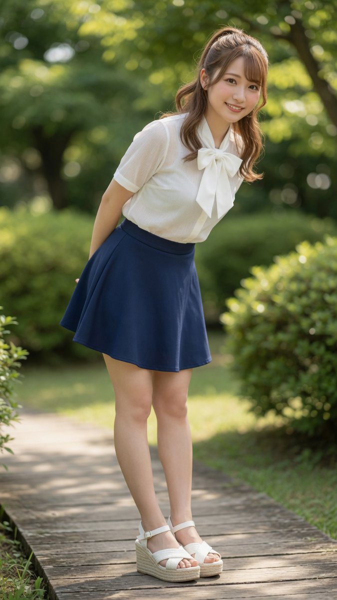 [Grok 提示词] 一位美丽的年轻日本女性，站立在阳光明媚的花园中一条木质小径上，全身照，微微前倾，右手放在背后。柔软的浅棕色头发扎成半高马尾，柔和的波浪发丝垂落在脸颊两侧，明…