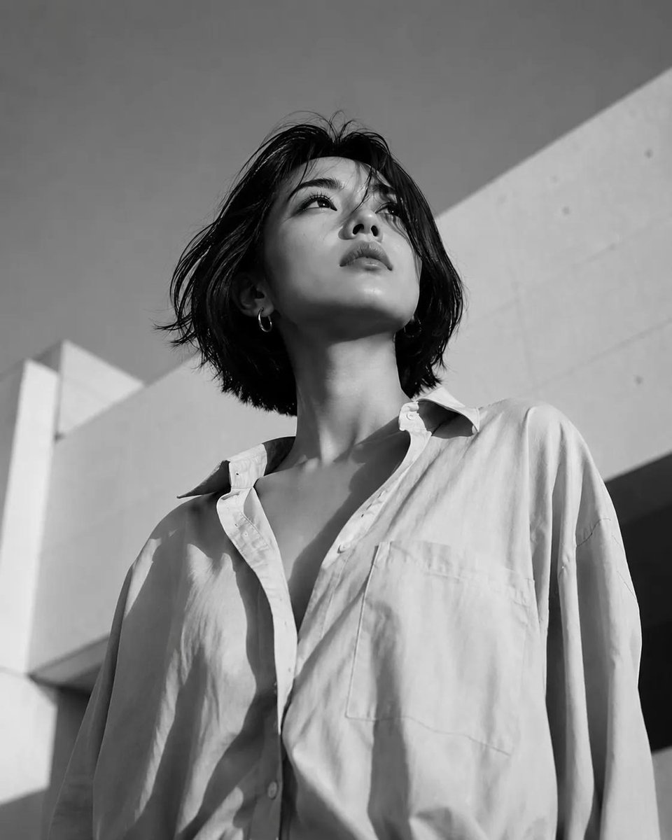 东亚女性短黑波波头发型的低角度时尚编辑大片，若有所思地向上凝视。她穿着一件宽松的超大浅蓝色纽扣衬衫，领口敞开。温暖的金色时刻阳光在她的脸部和颈部投下柔和的阴影…