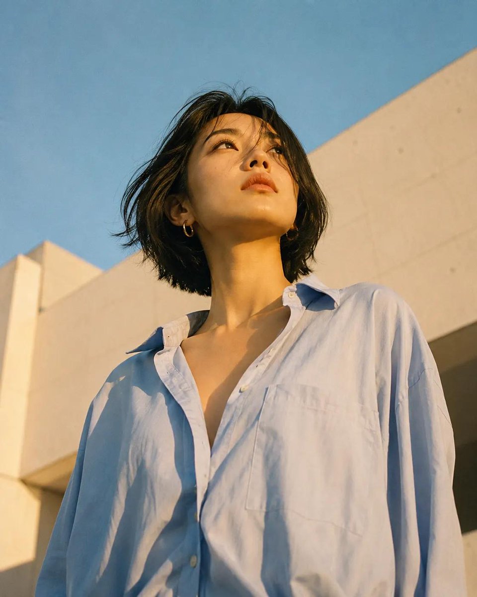 东亚女性短黑波波头发型的低角度时尚编辑大片,若有所思地向上凝视。她穿着一件宽松的超大浅蓝色纽扣衬衫,领口敞开。温暖的金色时刻阳光在她的脸部和颈部投下柔和的阴影。小巧的金色圈形耳环…