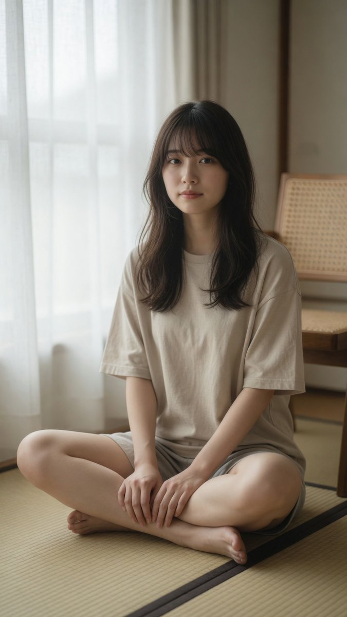 一位美丽的年轻日本女性，二十岁出头，盘腿坐在传统的榻榻米地板上，柔和的自然日光从左侧带白色薄纱窗帘的大窗户照进来，身穿宽松的米色短袖T恤和浅灰色短裤，赤脚，长…