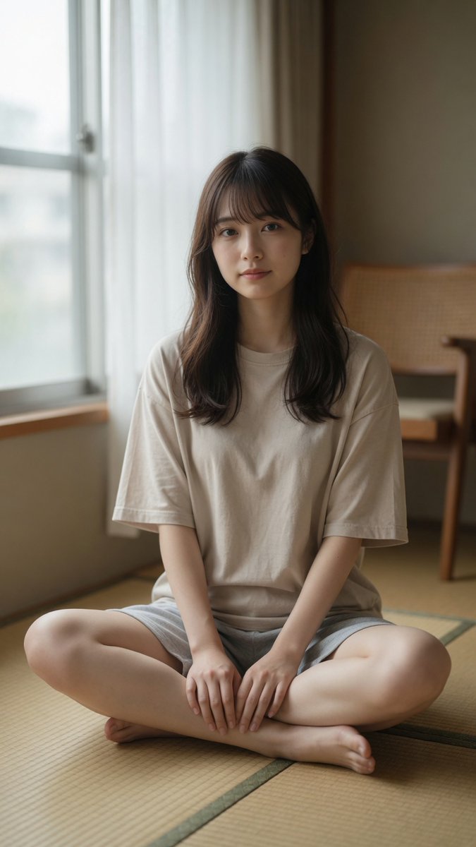一位美丽的年轻日本女性，二十岁出头，盘腿坐在传统的榻榻米地板上，柔和的自然日光从左侧带白色薄纱窗帘的大窗户照进来，身穿宽松的米色短袖T恤和浅灰色短裤，赤脚，长长的深棕色头发配柔和…