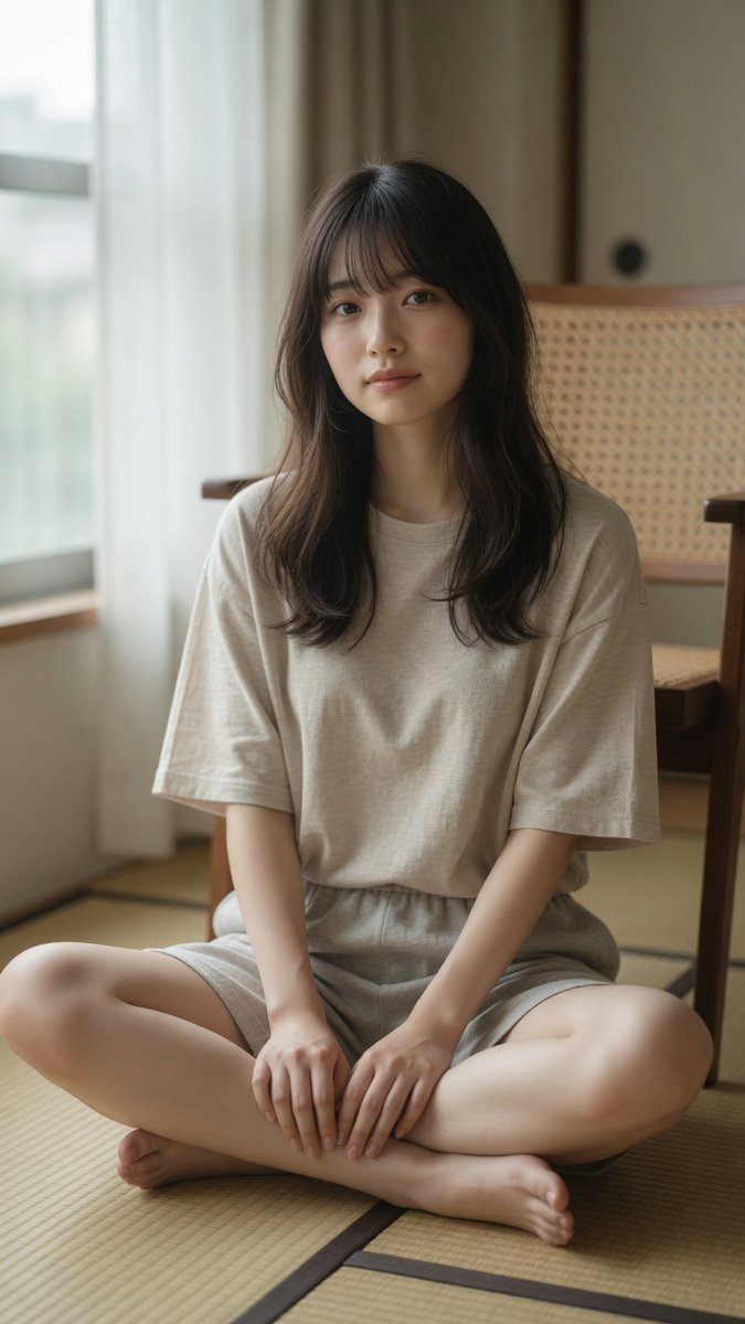 一位美丽的年轻日本女性，二十岁出头，盘腿坐在传统的榻榻米地板上，柔和的自然日光从左侧带白色薄纱窗帘的大窗户照进来，身穿宽松的米色短袖T恤和浅灰色短裤，赤脚，长长的深棕色头发配柔和…