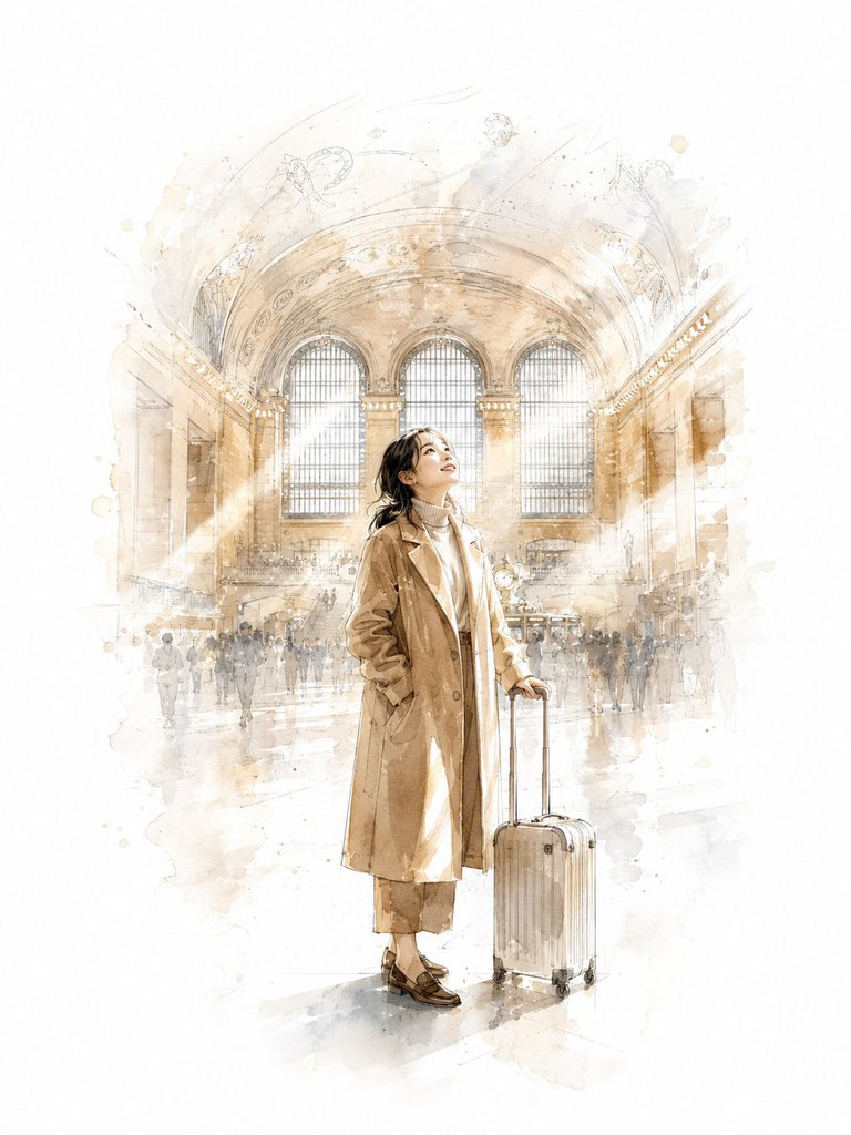 一幅采用精致水彩与浓郁墨韵的插画，描绘一位二十多岁的韩国年轻女子在纽约旅行，她站在渡轮甲板上，身后远处矗立着自由女神像。她一只手扶着栏杆，长发与浅色风衣被港口微风轻轻扬起，仰起头…