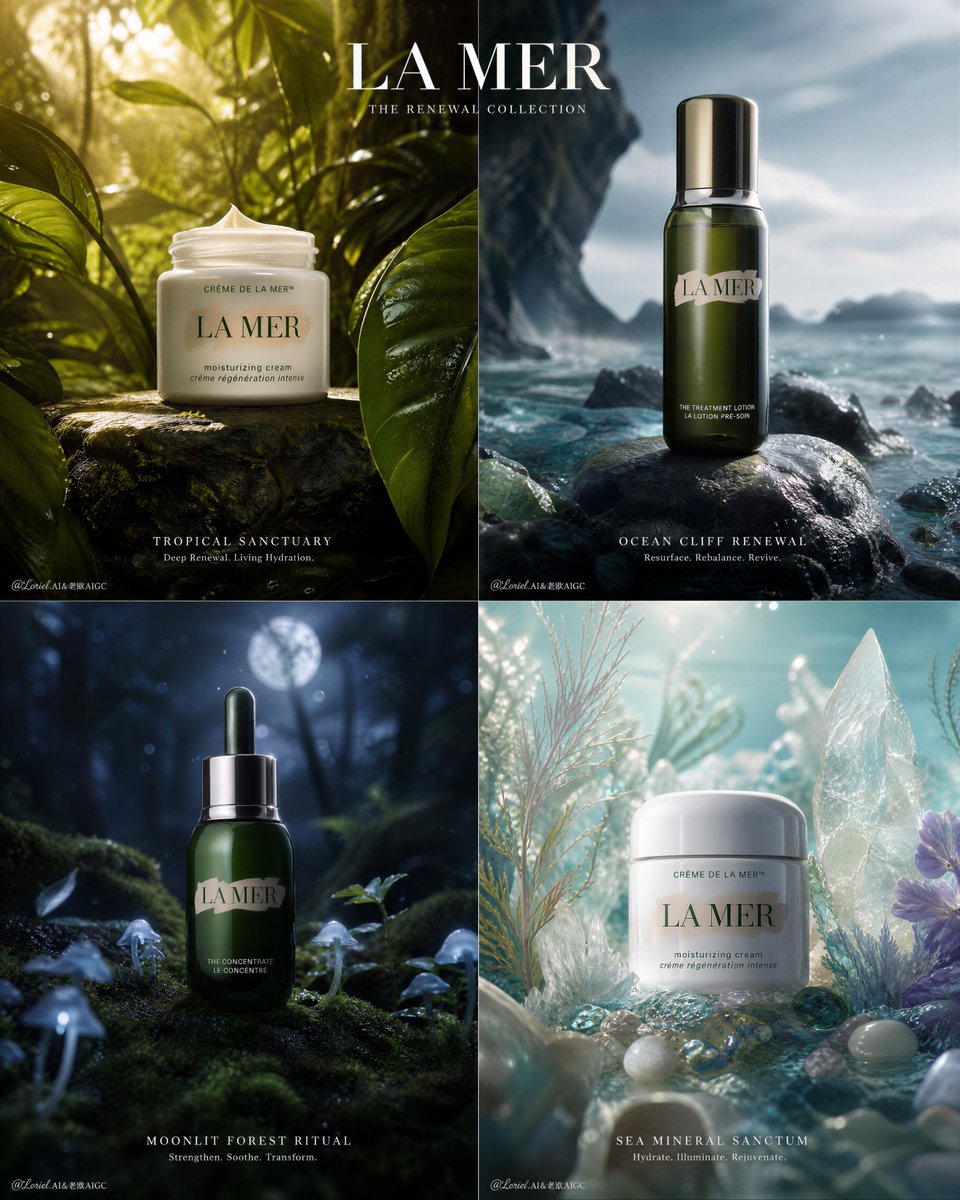廉价美妆广告，重复相同的森林背景，产品焦点弱，卡通植物，嘈杂的奇幻特效，塑料包装，色彩过度饱和，人工照明，通用护肤品广告风格，画面杂乱堆砌，幼稚的仙女审美，低细节水滴，过度装饰的…