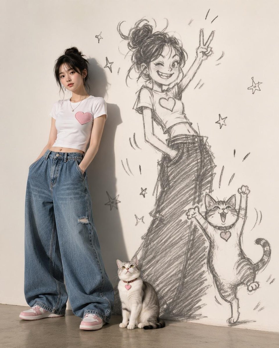 俏皮的手绘影子模仿着一只猫和一位20岁韩国女性有趣的姿势，用活泼、富有表现力的角色特征来夸张地展现它们的个性。 这位女性代表着韩国MZ世代中时尚又年轻的成员，身穿时髦而现代的服饰…
