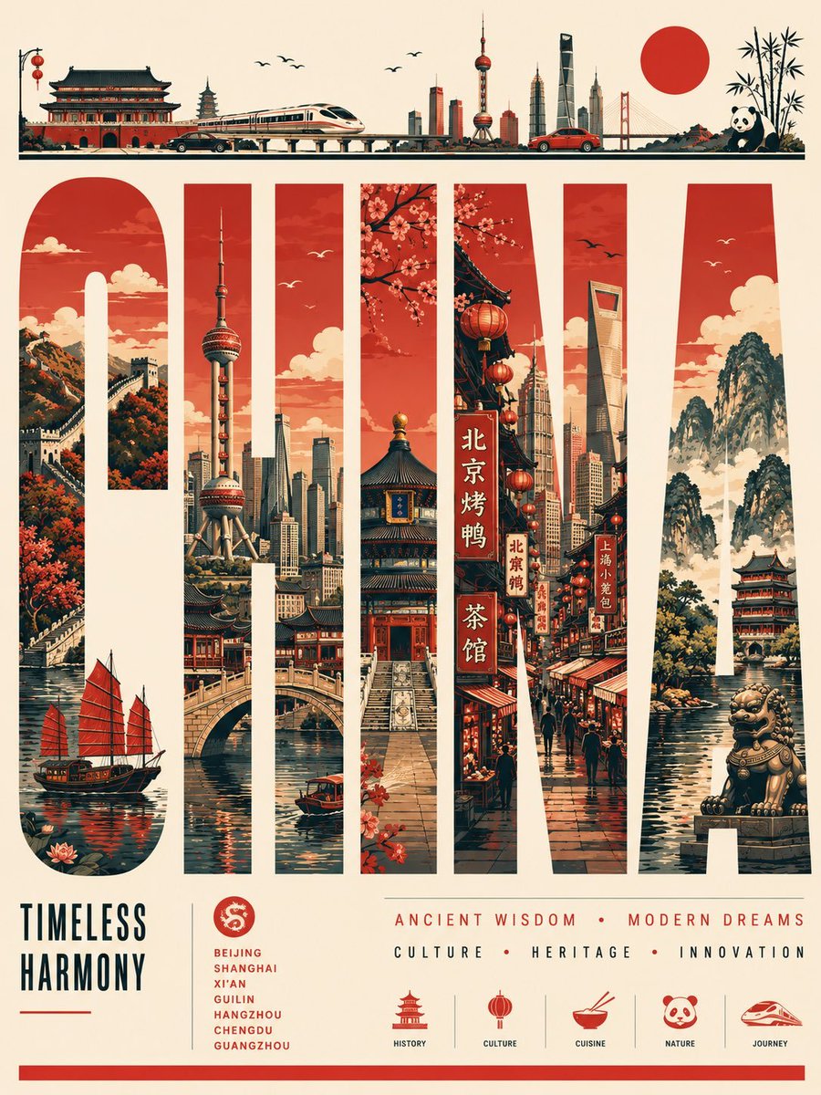 高级矢量旅行海报,(county) 使用超大加长粗体无衬线字体排版,字母内部嵌入连续的 COUNTRY 全景画面:寺庙、BTS 轻轨、市场、桥梁、河道船只、霓虹街道、咖啡馆、热带…