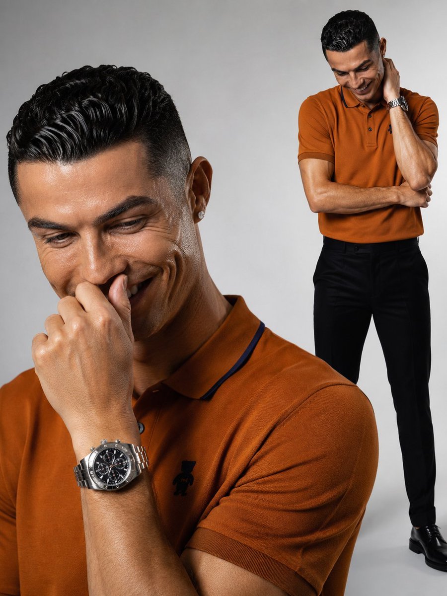 超写实高端时尚编辑棚拍人像，主体为克里斯蒂亚诺·罗纳尔多（Cristiano Ronaldo），以无缝浅灰色背景呈现，塑造高端奢华广告大片质感。画面采用精致的双联画杂志版式：左侧…