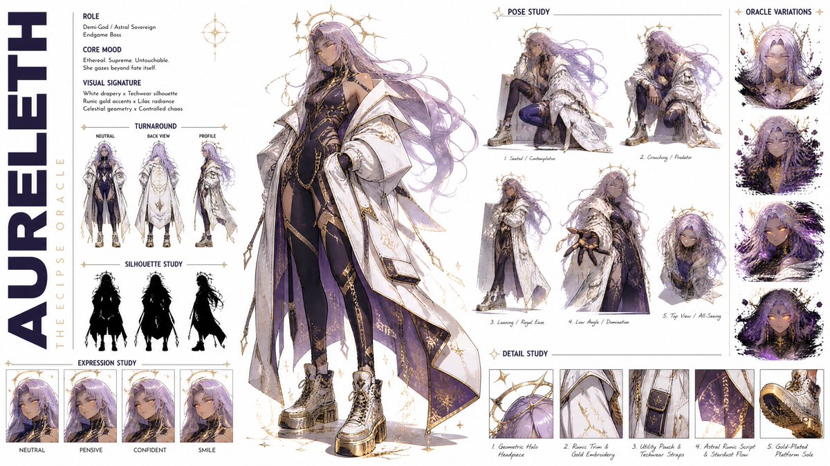 在纯白背景上以 16:9 宽屏布局创建一份高级、现代高端时尚的 CHARACTER CONCEPT ART SHEET（角色概念设定图），严格遵循以下精确的结…
