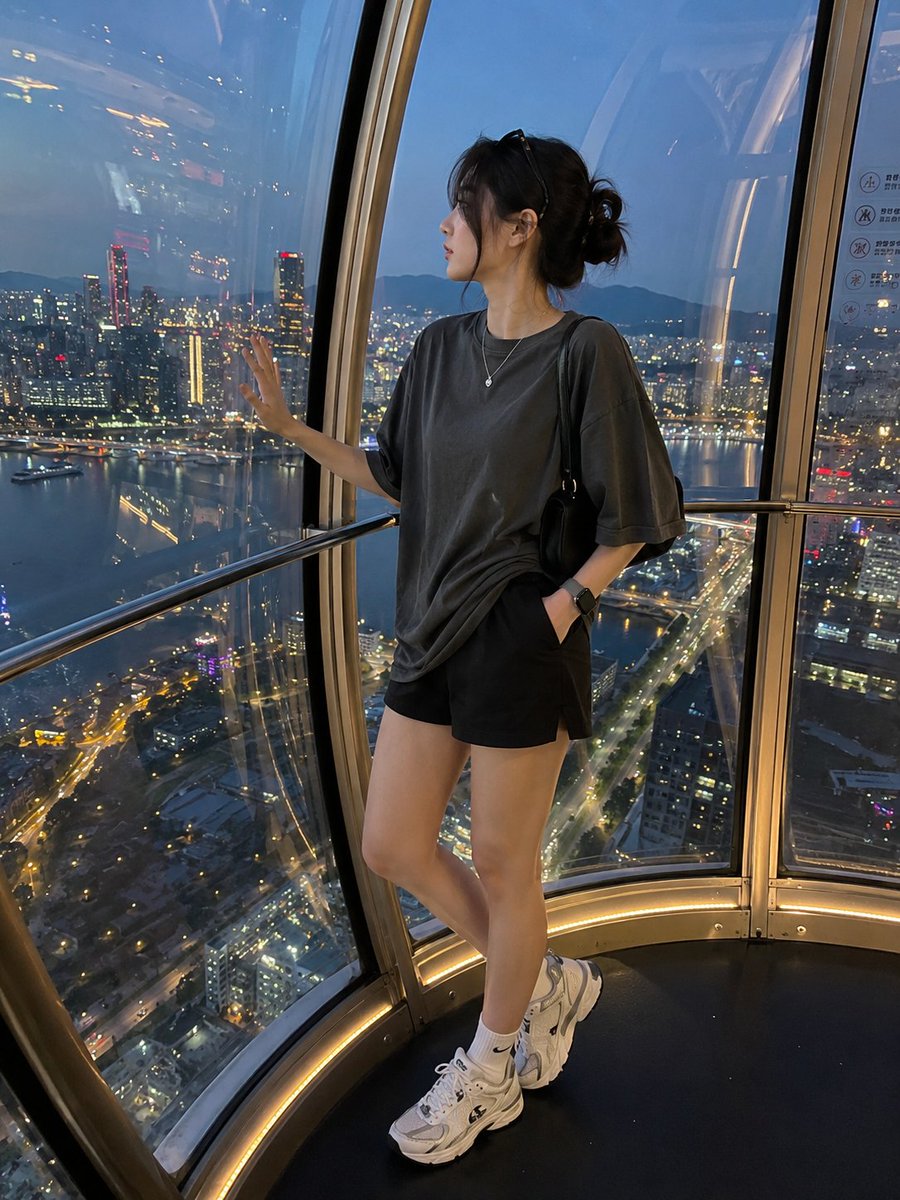 使用参考图中同一位韩国女性。精确保留她的面部特征。 画面比例：3:4 一张由 iPhone 16 Pro 拍摄的极致真实感的抓拍照片，场景为蓝调时刻现代豪华摩…