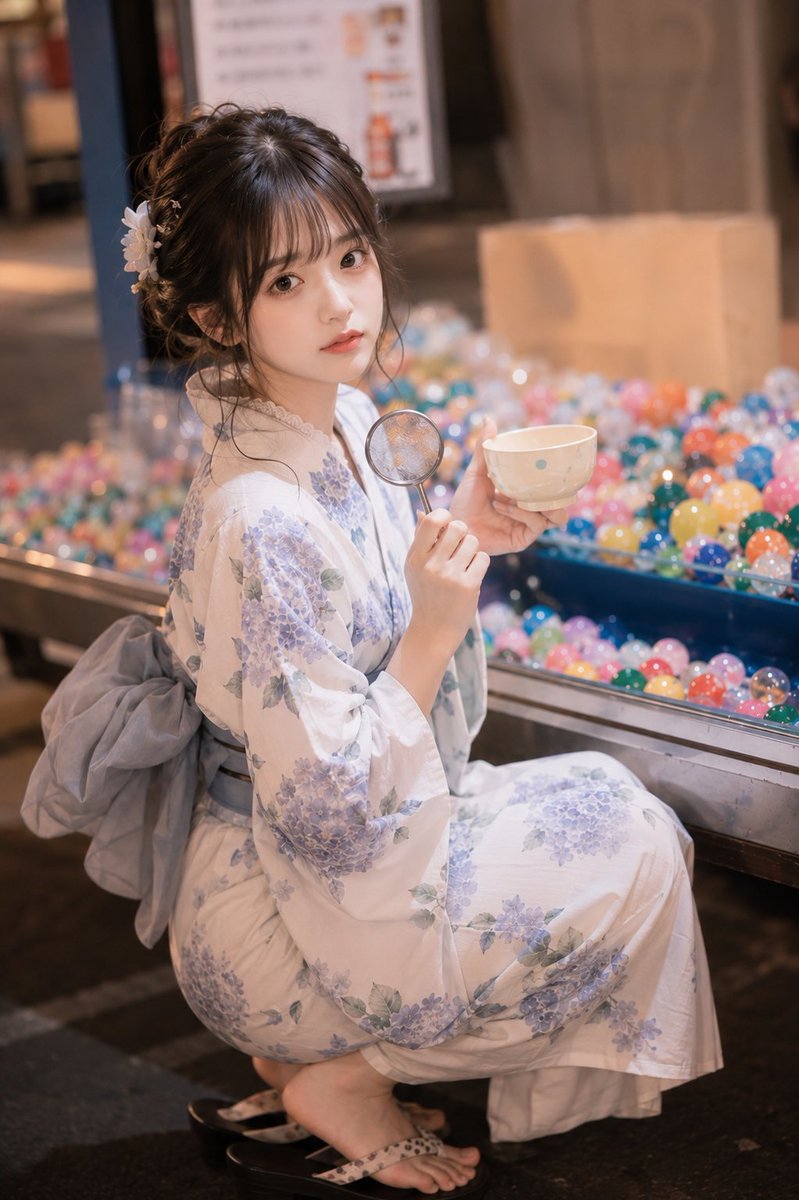 主题： 捕获夏色 主体： 纵向3:4的照片。画面的中央偏左位置，安置一位在日本夏祭缘日的水槽前蹲下的年轻女性，水槽中漂浮着五颜六色的水气球。人物全身约八成入镜，右侧大面积展示水槽…