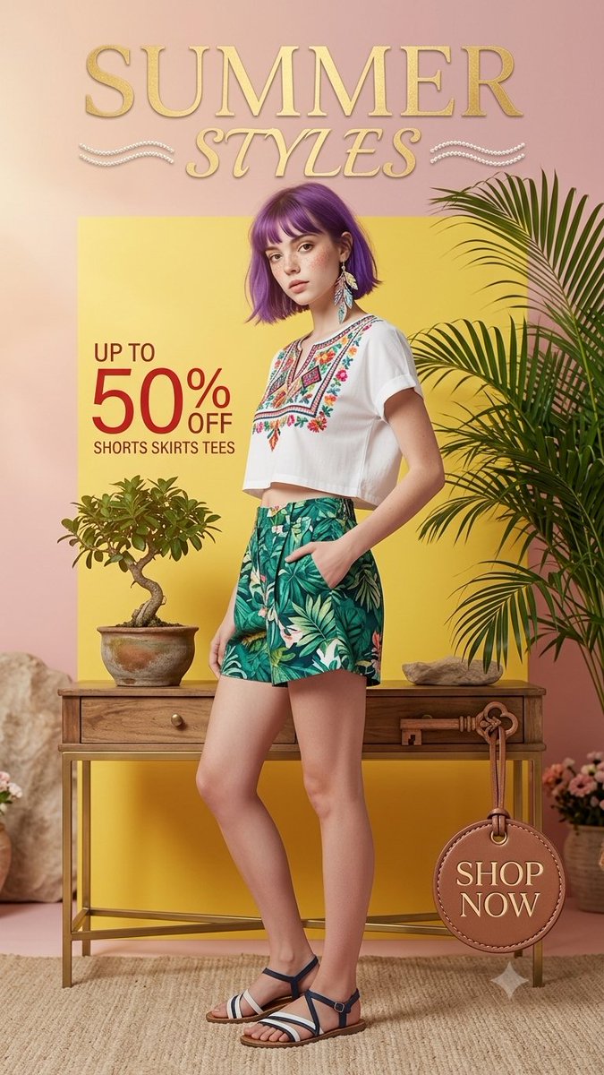 一幅充满活力的夏季时尚编辑人像，画面中有一位留着紫色波波头发型的年轻女性，她脸上有雀斑，戴着羽毛耳环。她身穿一件刺绣白色短款上衣，搭配热带叶纹印花短裤，姿态生…