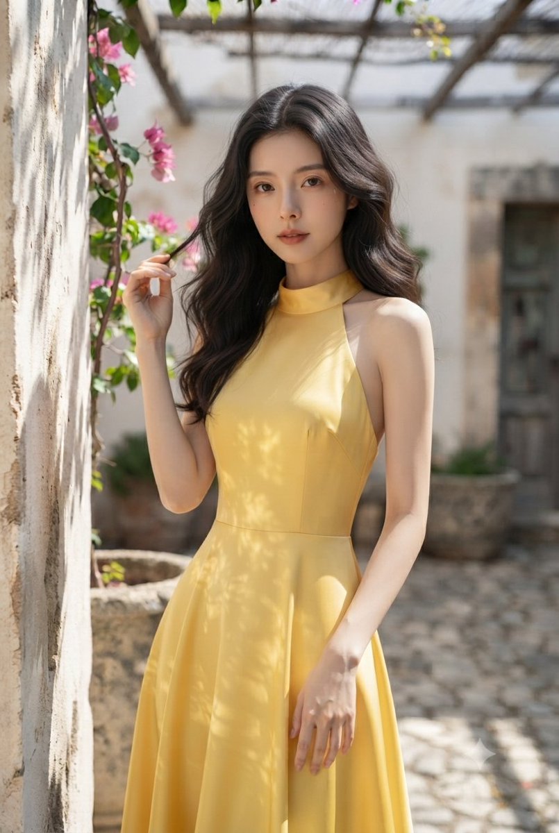 一个优雅的中景镜头：一位身姿曼妙的年轻女子，长长的深色波浪卷发如瀑布般垂落，神情宁静祥和，站在沐浴着阳光的地中海庭院中。她身着一袭色彩鲜艳的高领黄色挂脖式及膝连衣裙，剪裁有型的紧…
