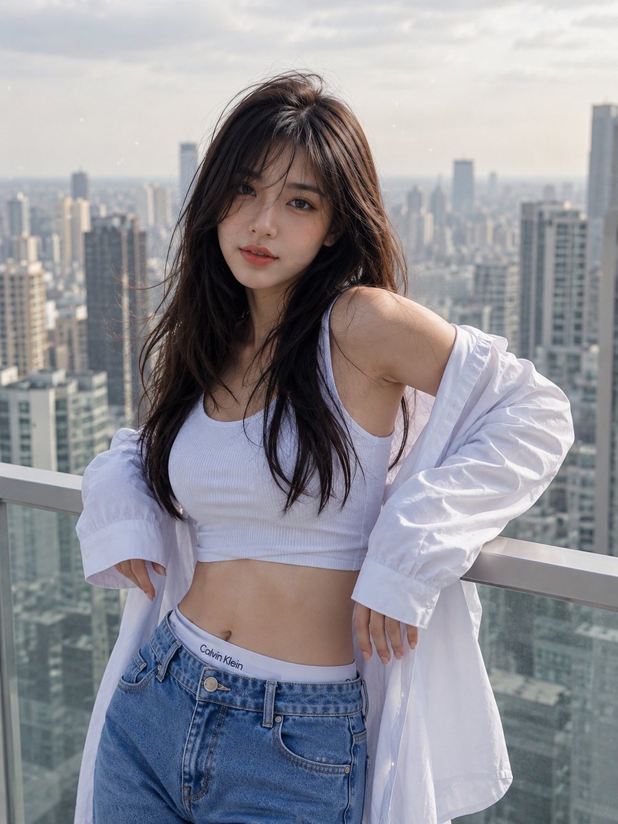超写实肖像:一位美丽的年轻东亚女性站在高层公寓阳台上,柔和日光下俯瞰现代城市天际线。她留着一头略带凌乱的深棕色长发,妆容自然,表情平静,直视镜头。她身穿白色罗纹短款上衣,浅蓝色牛…